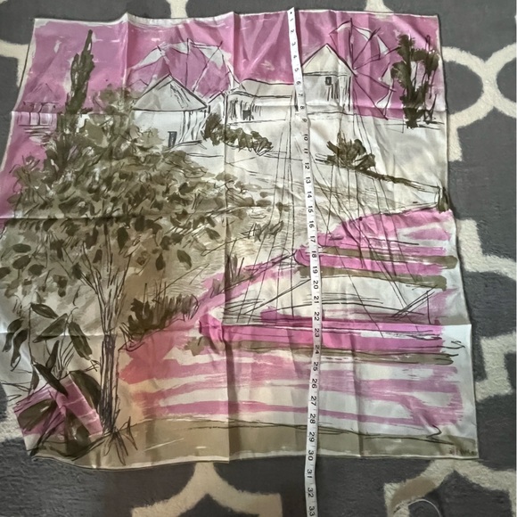 VERA NEUMANN vintage Pink and Green Scenic Print Scarf-/- rare landscape! - Picture 8 of 10
